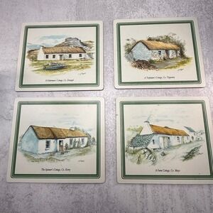 Vintage Irish Cottages Set of 4 Hard Table Place Mats Green Felt J E Rogers Art